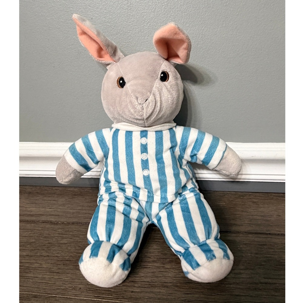 Goodnight Moon Gray Bunny Plush Stuffed Animal Rabbit Blue Striped Pajamas Toy